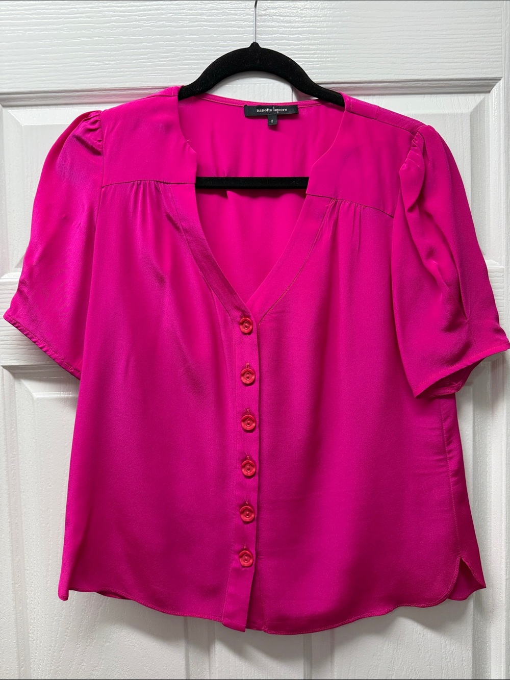 Nanette Lepore Fuchsia Button-Down V-Neck Blouse